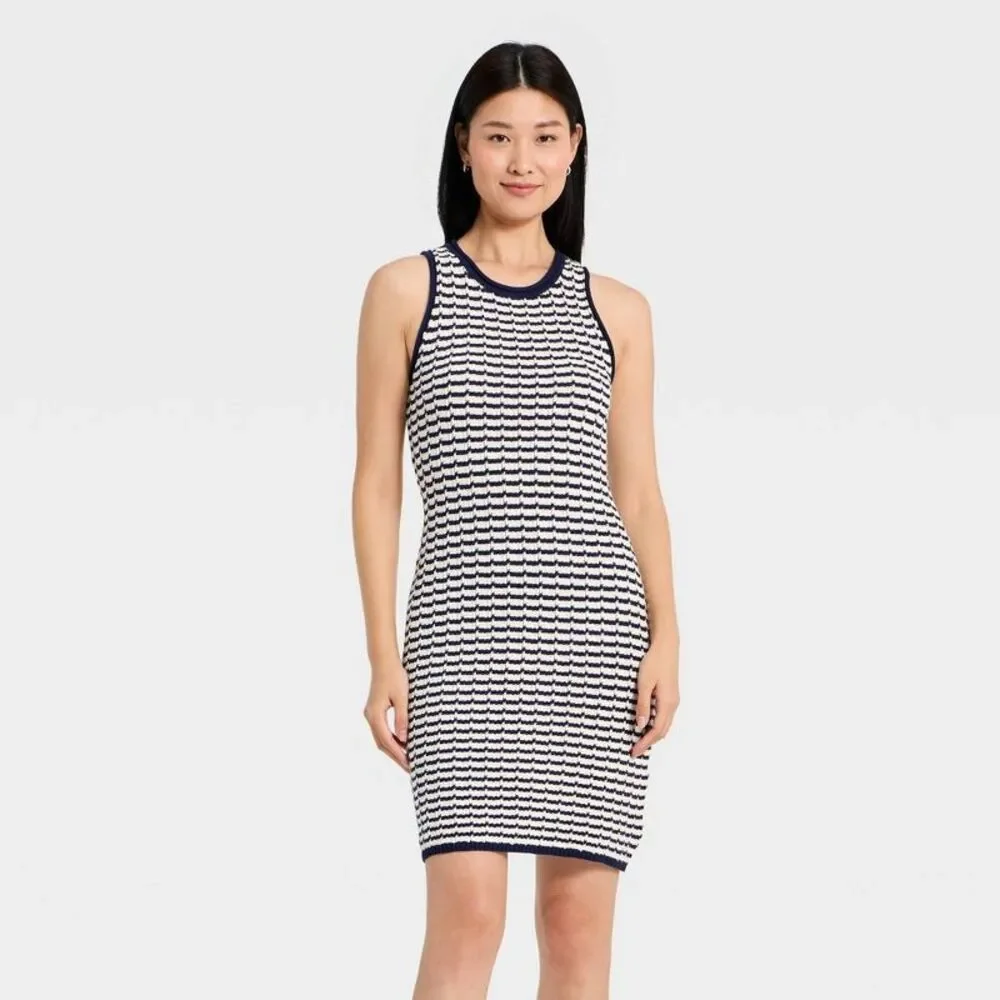 Women's Crochet Mini Sweater Dress - A New Day Navy Blue Striped L